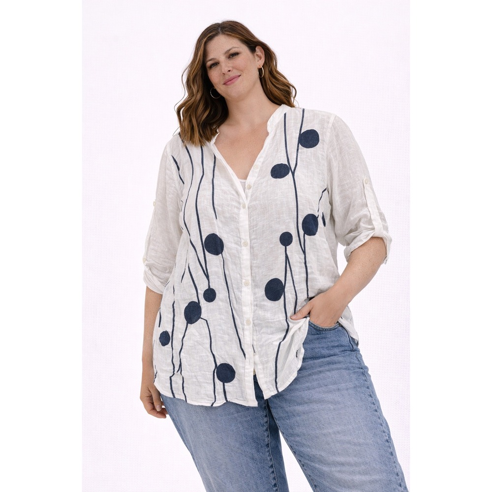 O.L. Fashion Linen Button Up Shirt Womens XXL White Embroidered Art To Wear Top